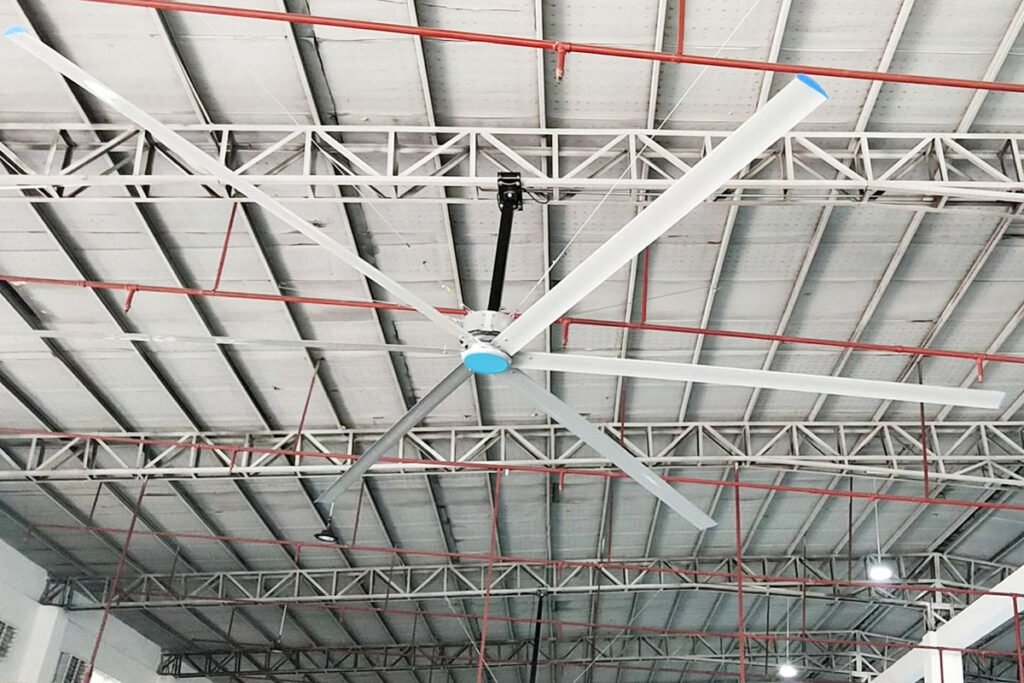 HVLS ceiling large fan at the top of the workshop